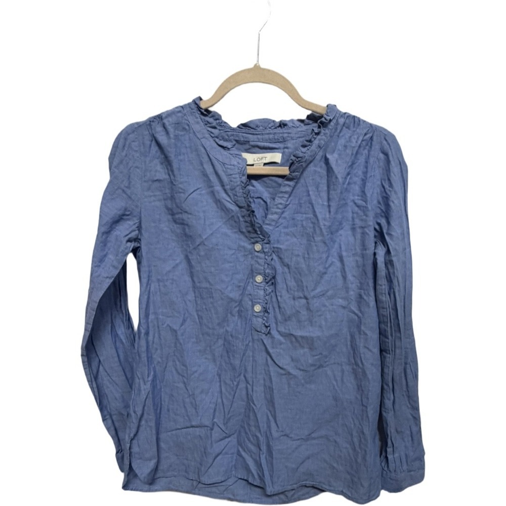 LOFT Blue Ruffle Henley Popover Blouse 100% Cotton Long Sleeve Women's XS